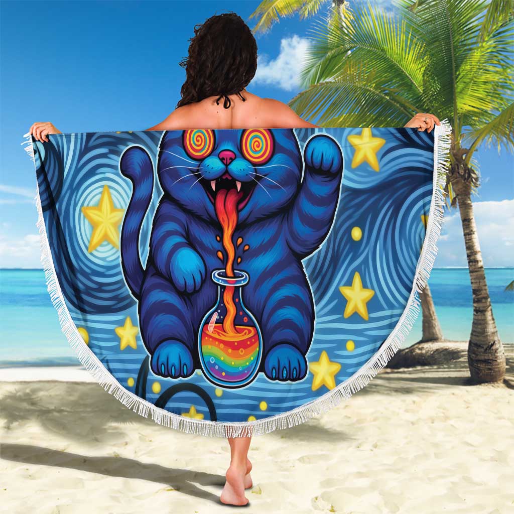 Trippy Cat and Owl Beach Blanket Starry Psychedelic Vibes - Wonder Print Shop