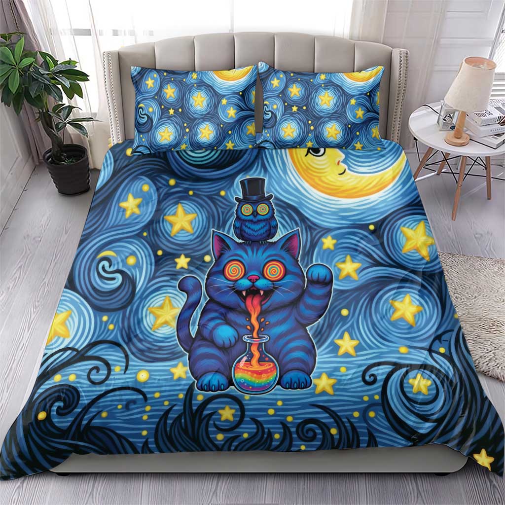 Trippy Cat and Owl Bedding Set Starry Psychedelic Vibes - Wonder Print Shop