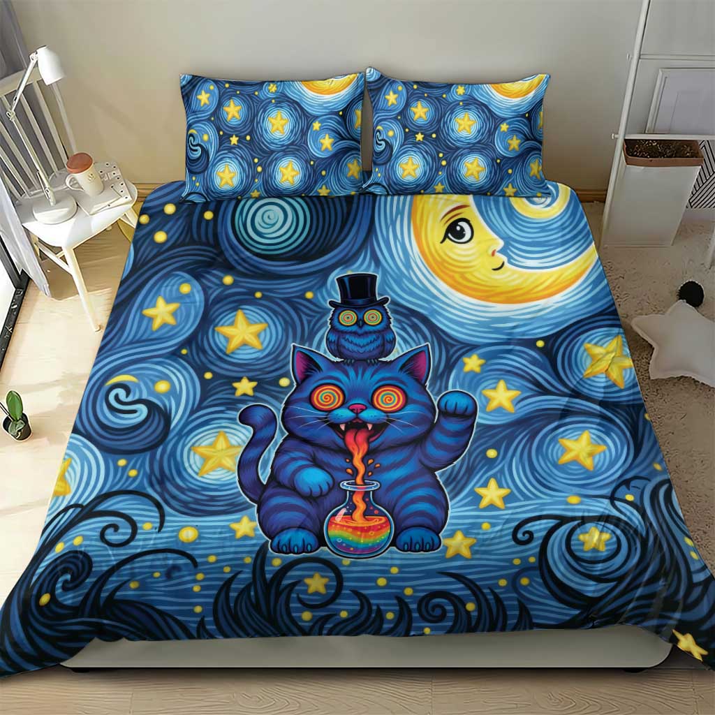 Trippy Cat and Owl Bedding Set Starry Psychedelic Vibes - Wonder Print Shop