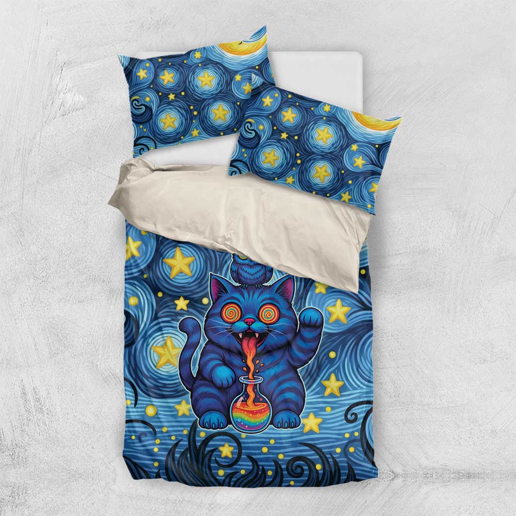 Trippy Cat and Owl Bedding Set Starry Psychedelic Vibes - Wonder Print Shop