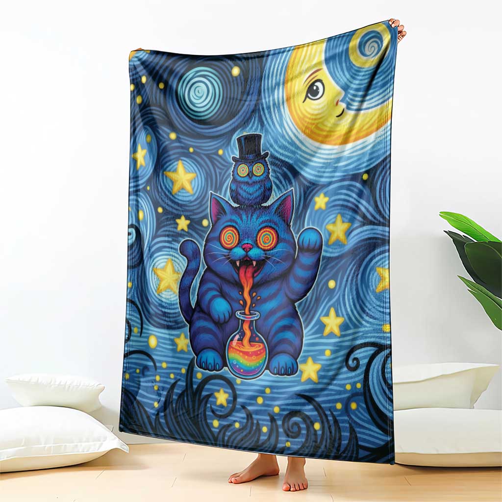 Trippy Cat and Owl Blanket Starry Psychedelic Vibes - Wonder Print Shop