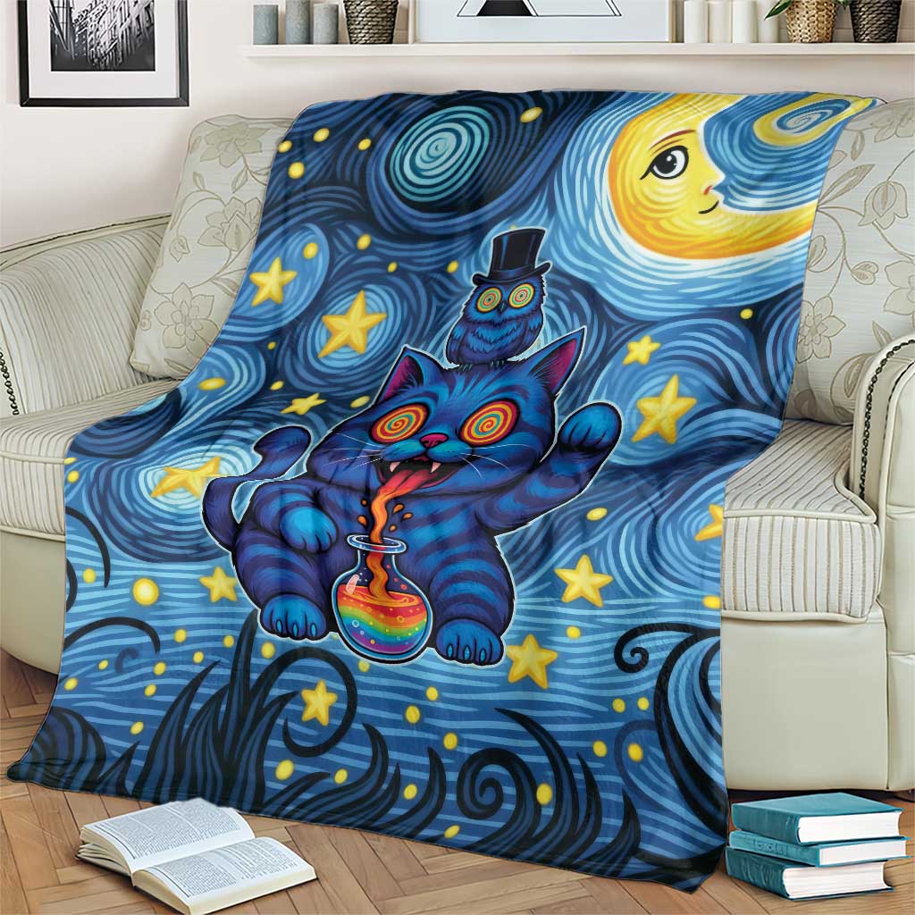 Trippy Cat and Owl Blanket Starry Psychedelic Vibes - Wonder Print Shop
