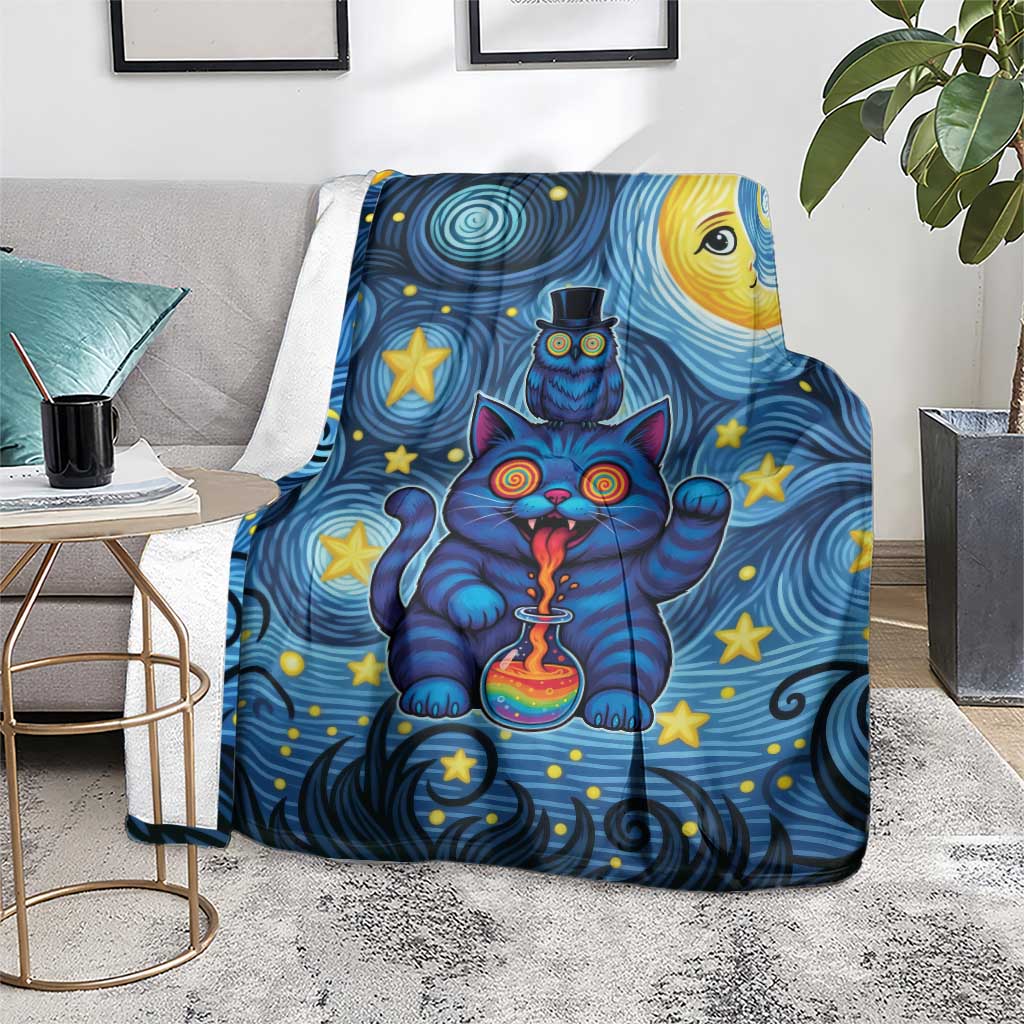 Trippy Cat and Owl Blanket Starry Psychedelic Vibes - Wonder Print Shop