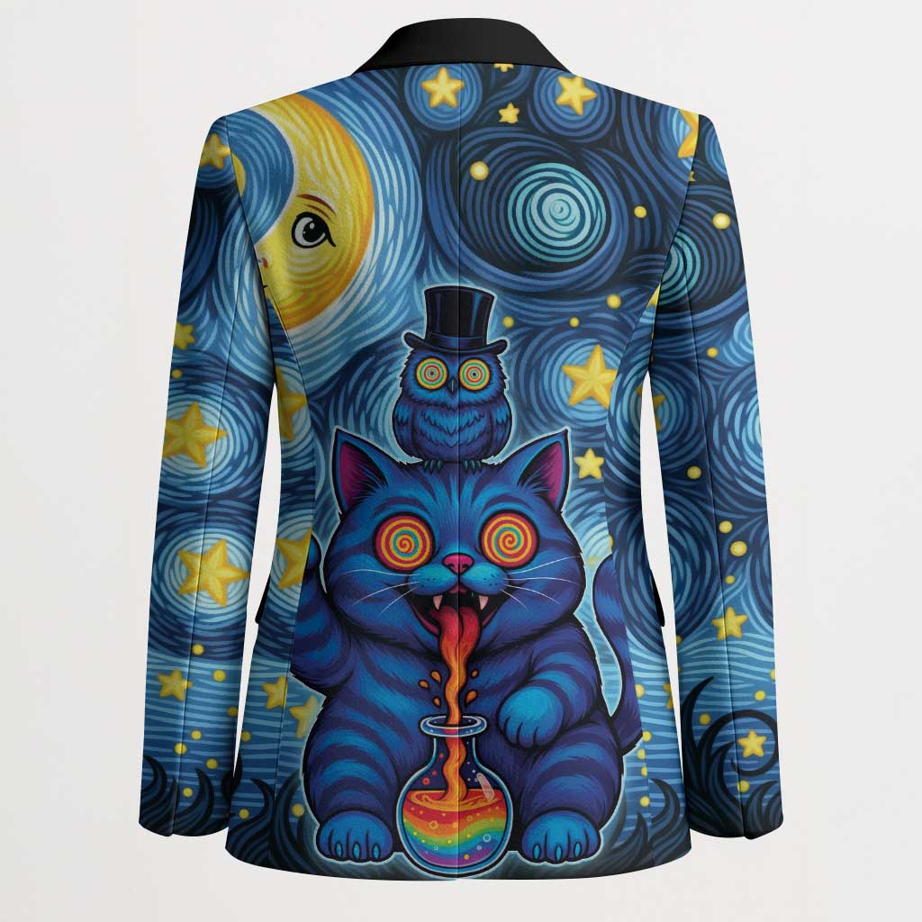Trippy Cat and Owl Blazer Starry Psychedelic Vibes - Wonder Print Shop