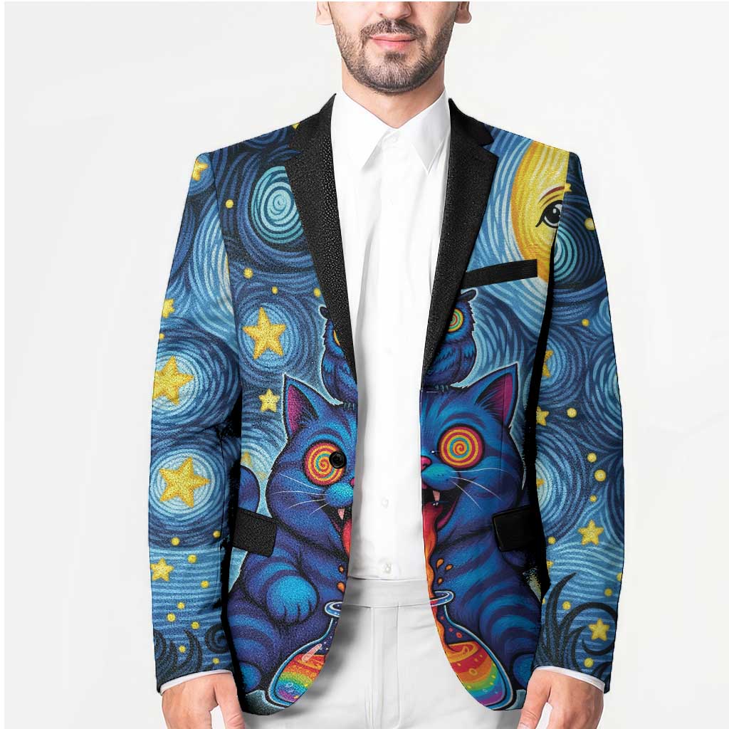 Trippy Cat and Owl Blazer Starry Psychedelic Vibes - Wonder Print Shop