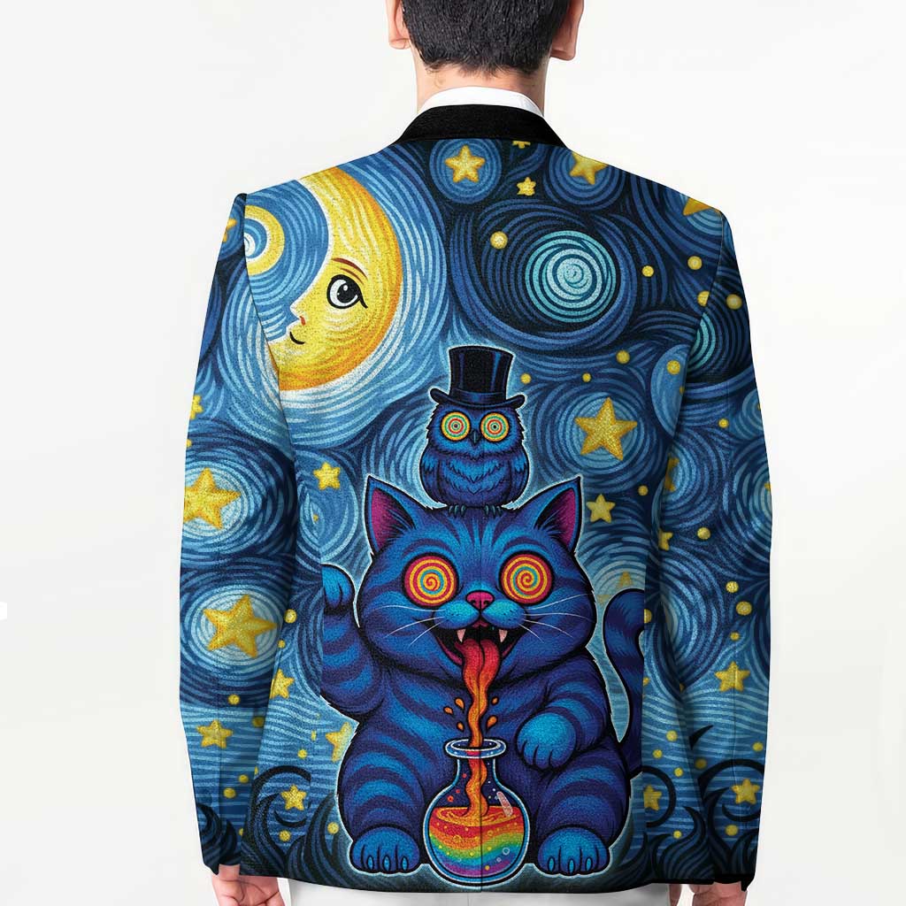 Trippy Cat and Owl Blazer Starry Psychedelic Vibes - Wonder Print Shop