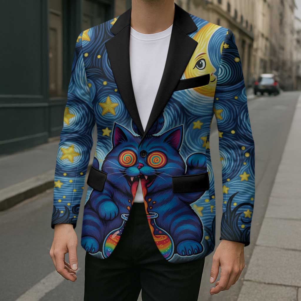 Trippy Cat and Owl Blazer Starry Psychedelic Vibes - Wonder Print Shop