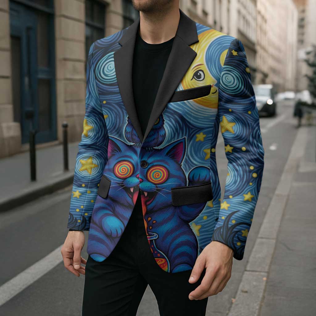 Trippy Cat and Owl Blazer Starry Psychedelic Vibes - Wonder Print Shop