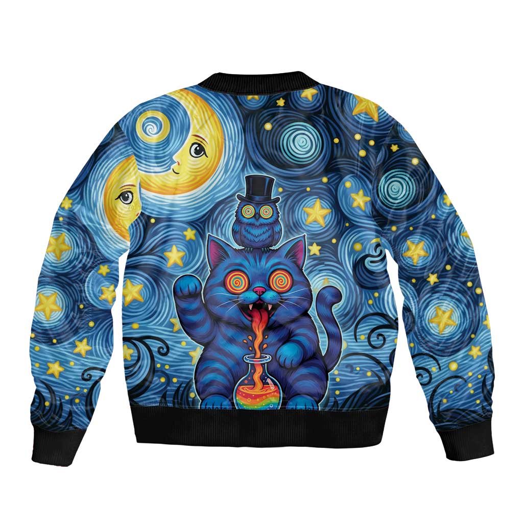 Trippy Cat and Owl Bomber Jacket Starry Psychedelic Vibes - Wonder Print Shop
