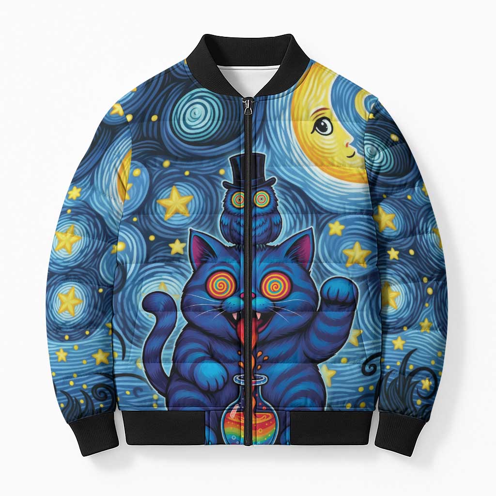 Trippy Cat and Owl Bomber Puffer Jacket Starry Psychedelic Vibes - Wonder Print Shop
