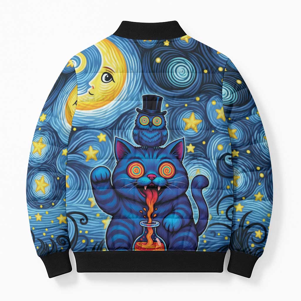 Trippy Cat and Owl Bomber Puffer Jacket Starry Psychedelic Vibes - Wonder Print Shop