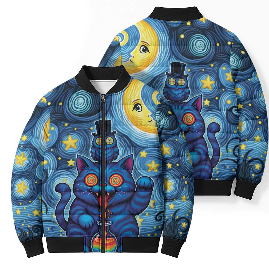 Trippy Cat and Owl Bomber Puffer Jacket Starry Psychedelic Vibes - Wonder Print Shop