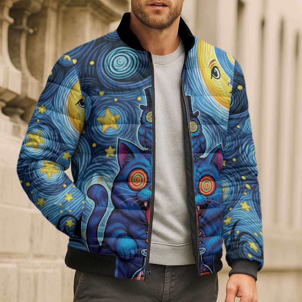 Trippy Cat and Owl Bomber Puffer Jacket Starry Psychedelic Vibes - Wonder Print Shop
