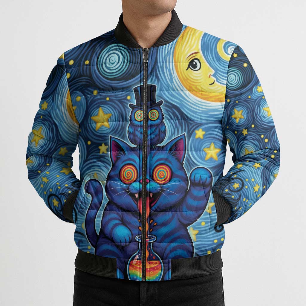 Trippy Cat and Owl Bomber Puffer Jacket Starry Psychedelic Vibes - Wonder Print Shop