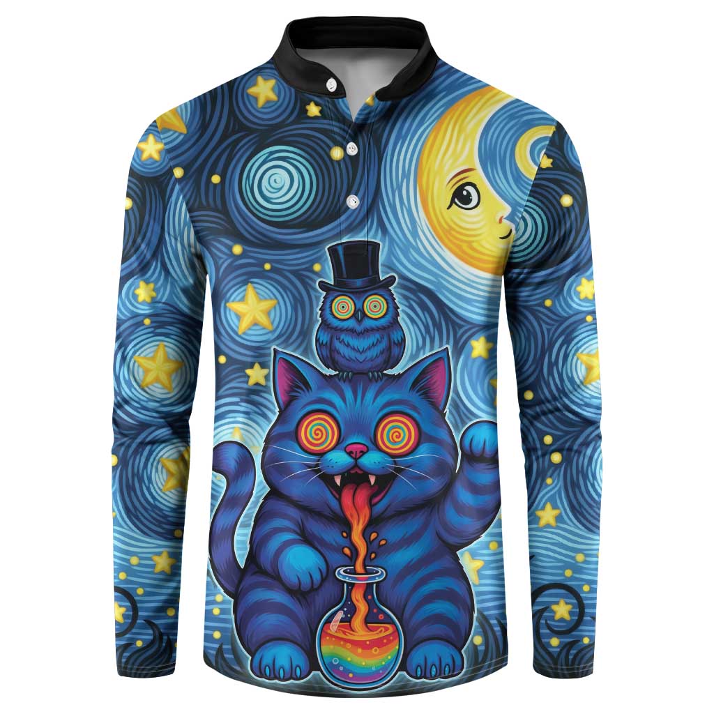 Trippy Cat and Owl Button Sweatshirt Starry Psychedelic Vibes - Wonder Print Shop