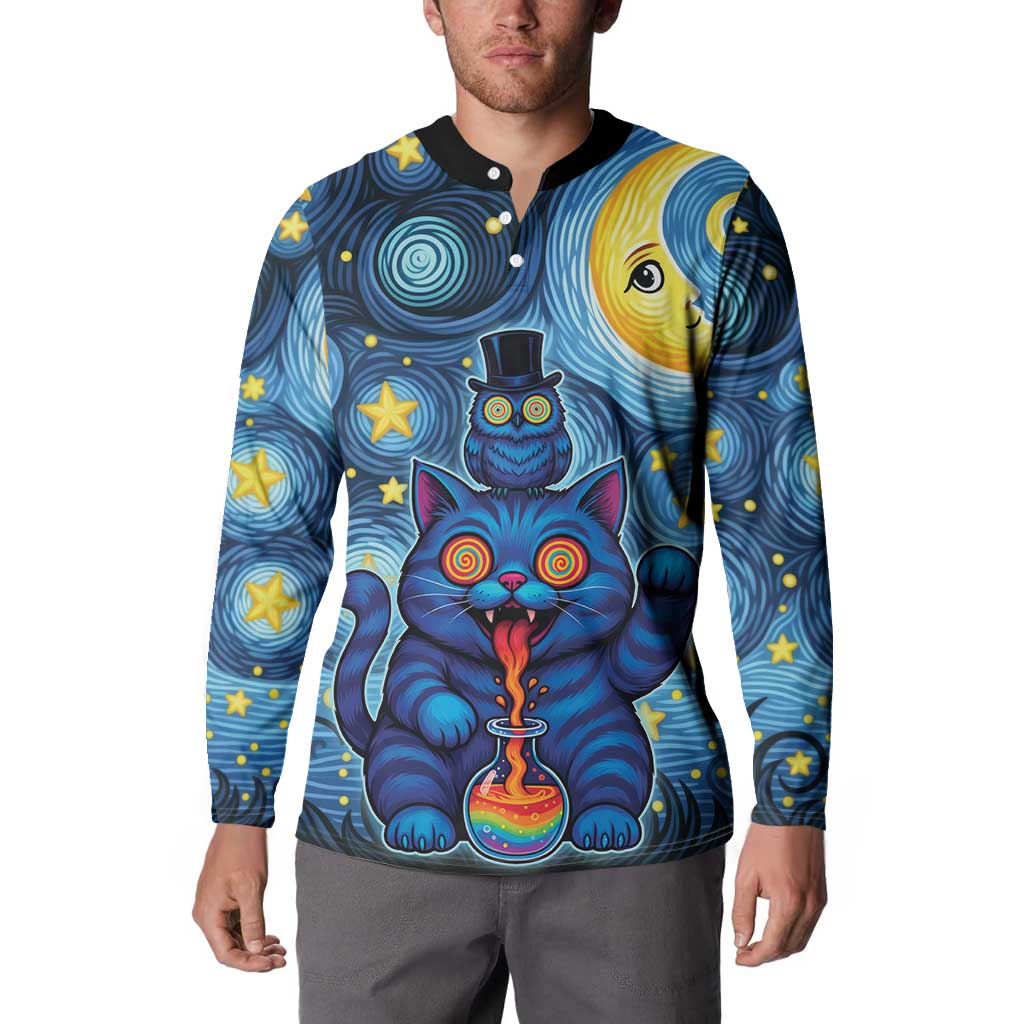 Trippy Cat and Owl Button Sweatshirt Starry Psychedelic Vibes - Wonder Print Shop