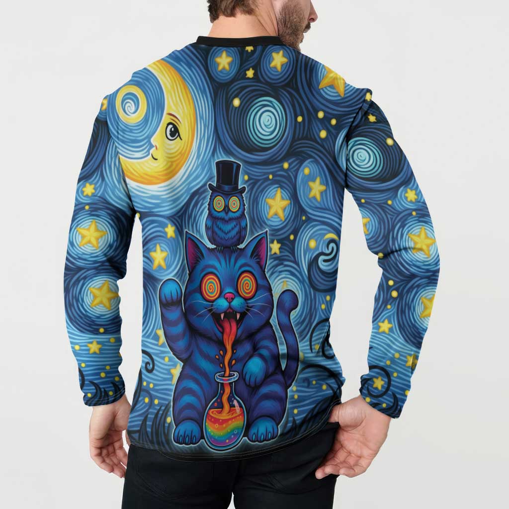 Trippy Cat and Owl Button Sweatshirt Starry Psychedelic Vibes - Wonder Print Shop