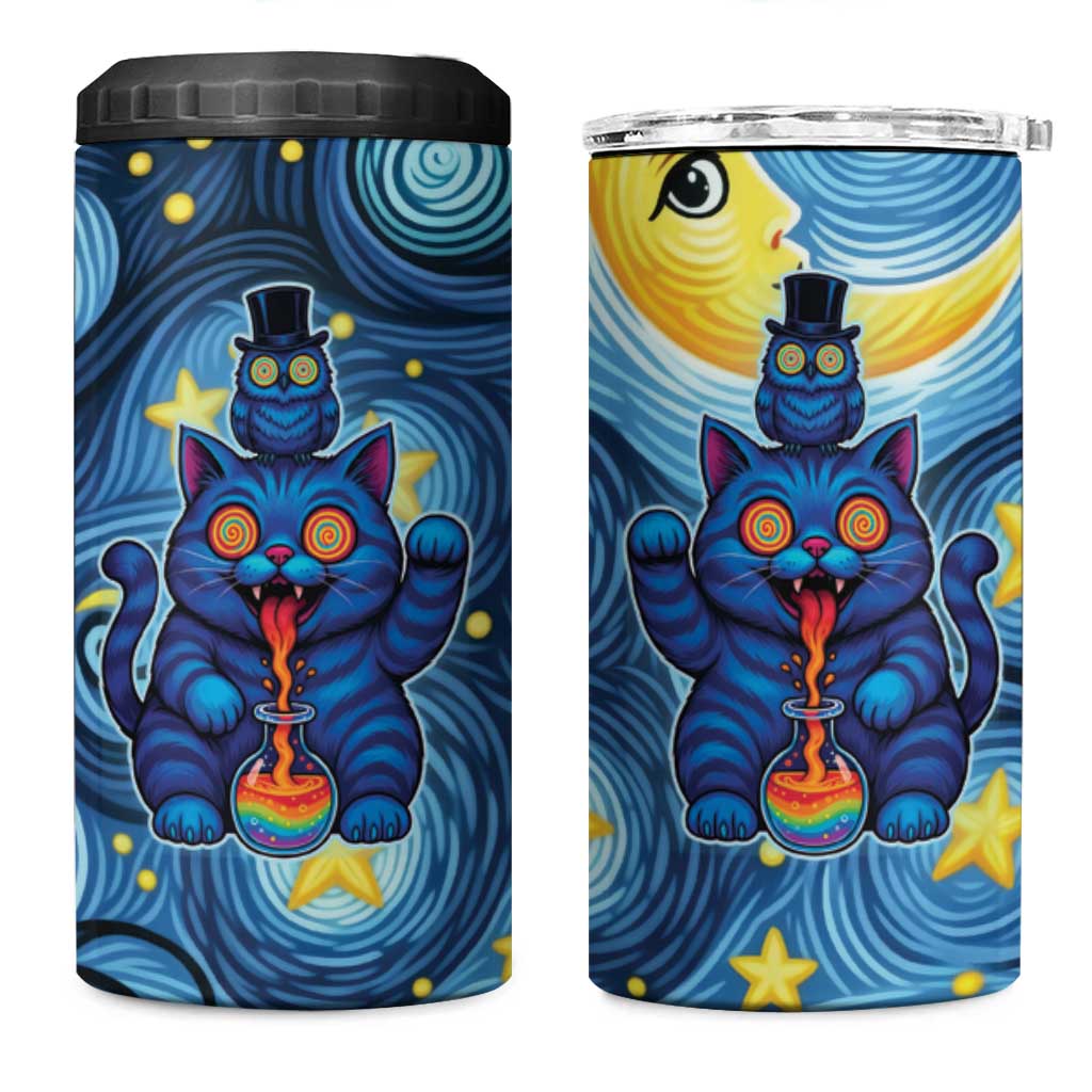 Trippy Cat and Owl 4 in 1 Can Cooler Tumbler Starry Psychedelic Vibes - Wonder Print Shop