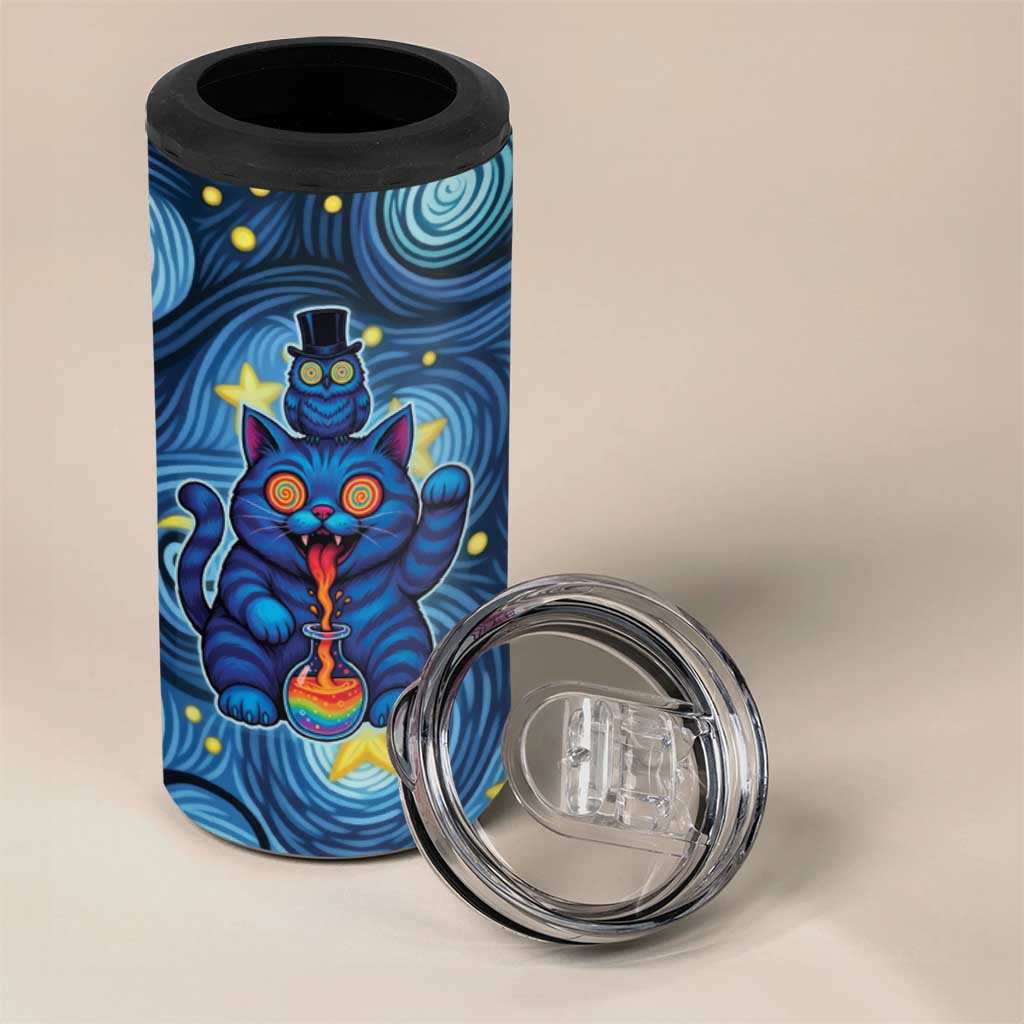 Trippy Cat and Owl 4 in 1 Can Cooler Tumbler Starry Psychedelic Vibes - Wonder Print Shop