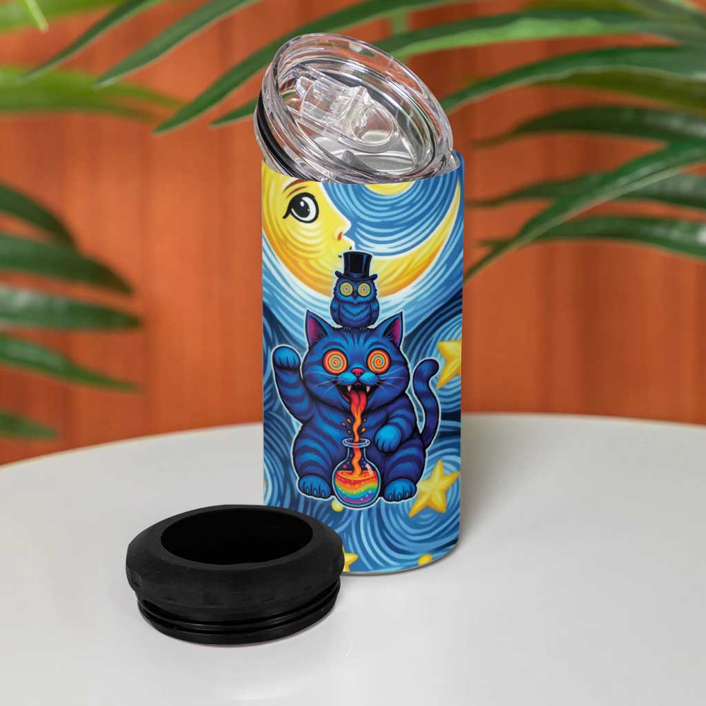 Trippy Cat and Owl 4 in 1 Can Cooler Tumbler Starry Psychedelic Vibes - Wonder Print Shop