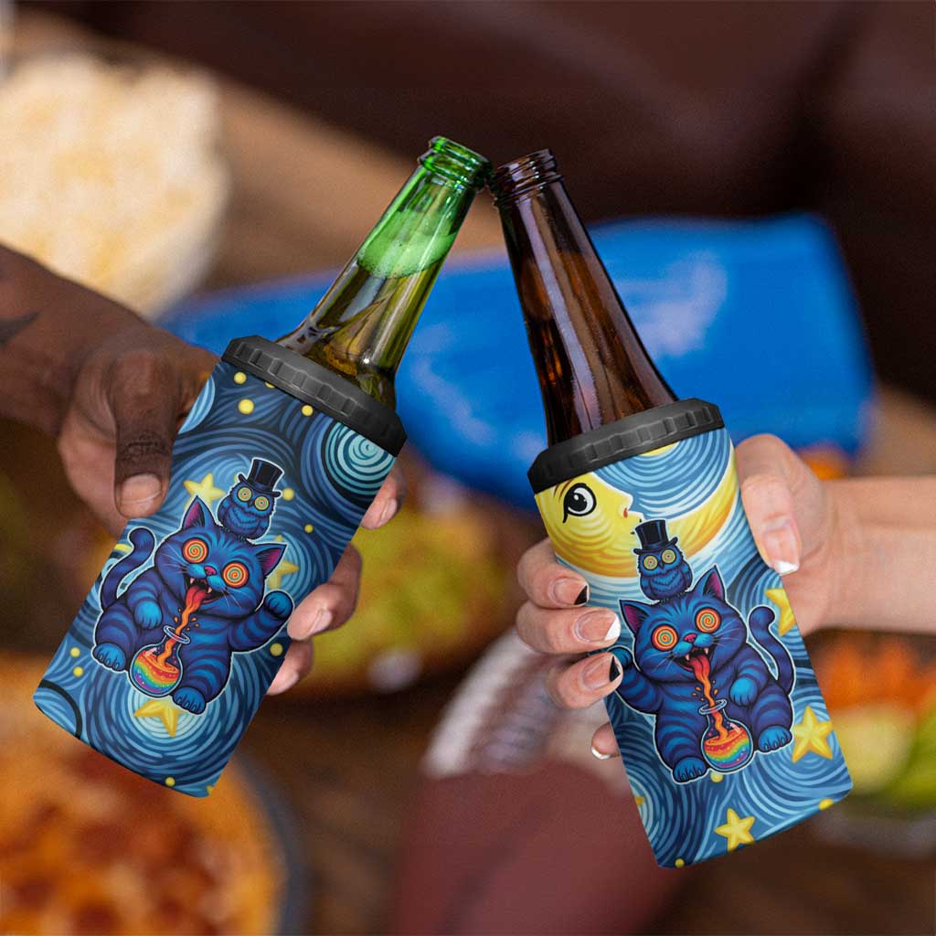 Trippy Cat and Owl 4 in 1 Can Cooler Tumbler Starry Psychedelic Vibes - Wonder Print Shop