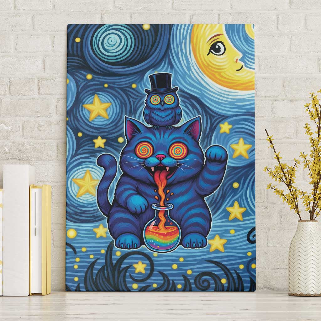 Trippy Cat and Owl Canvas Wall Art Starry Psychedelic Vibes - Wonder Print Shop