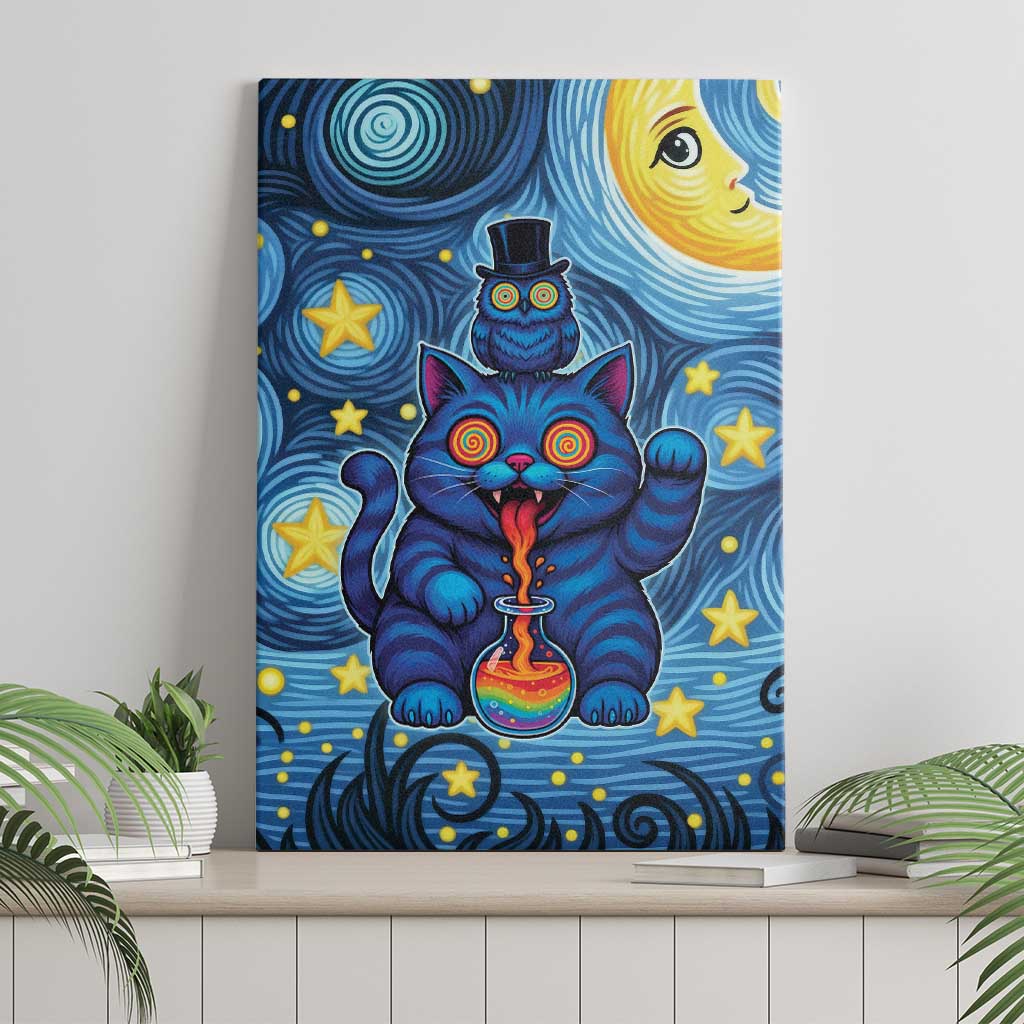 Trippy Cat and Owl Canvas Wall Art Starry Psychedelic Vibes - Wonder Print Shop