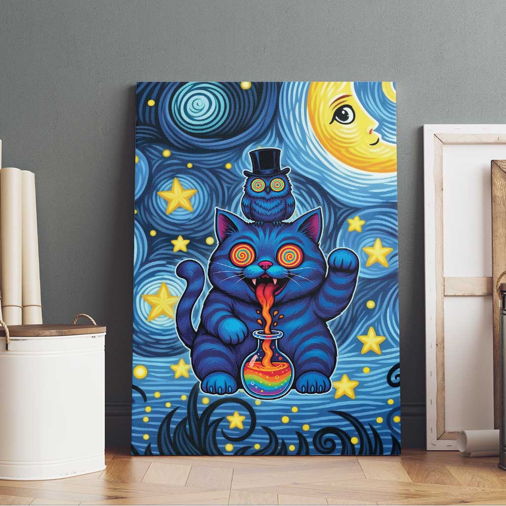 Trippy Cat and Owl Canvas Wall Art Starry Psychedelic Vibes - Wonder Print Shop