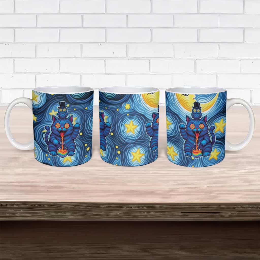 Trippy Cat and Owl Ceramic Mug Starry Psychedelic Vibes - Wonder Print Shop
