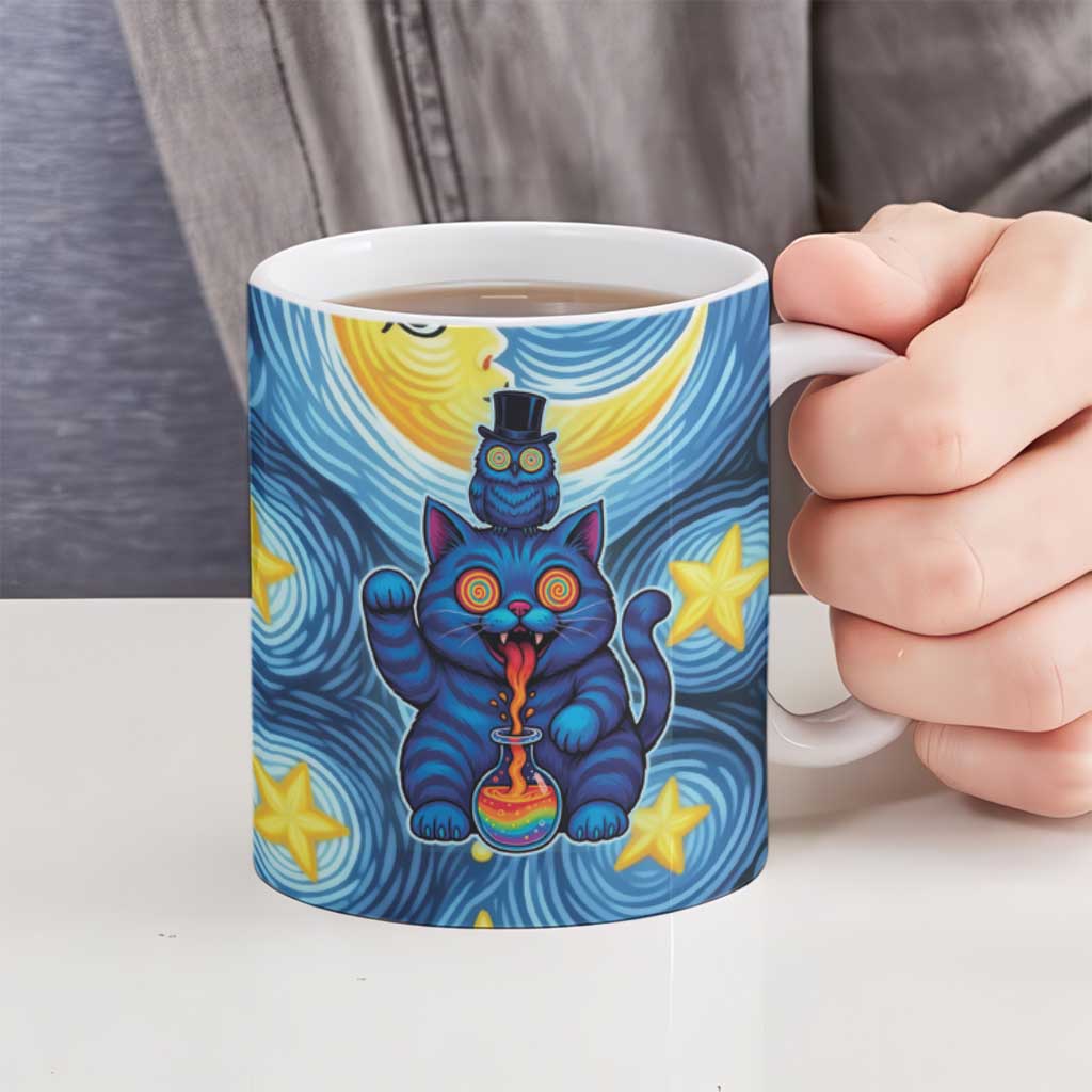 Trippy Cat and Owl Ceramic Mug Starry Psychedelic Vibes - Wonder Print Shop