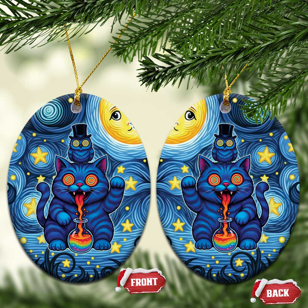 Trippy Cat and Owl Ceramic Ornament Starry Psychedelic Vibes - Wonder Print Shop