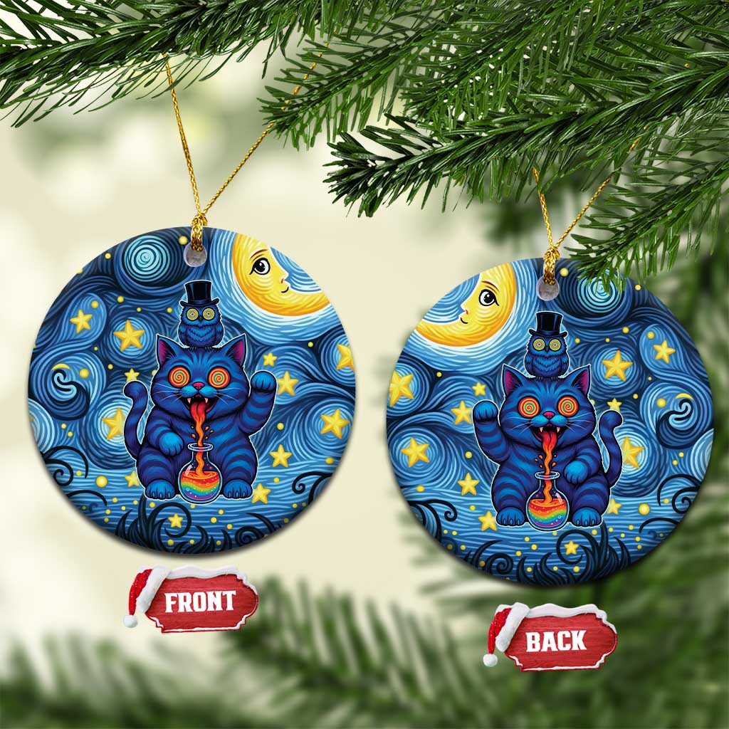 Trippy Cat and Owl Ceramic Ornament Starry Psychedelic Vibes - Wonder Print Shop