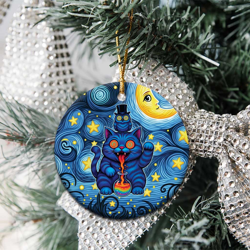 Trippy Cat and Owl Ceramic Ornament Starry Psychedelic Vibes - Wonder Print Shop