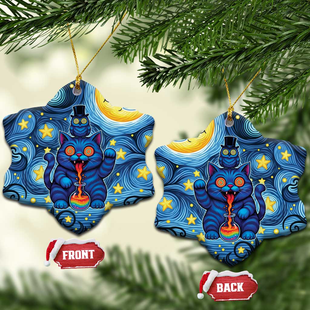 Trippy Cat and Owl Ceramic Ornament Starry Psychedelic Vibes - Wonder Print Shop