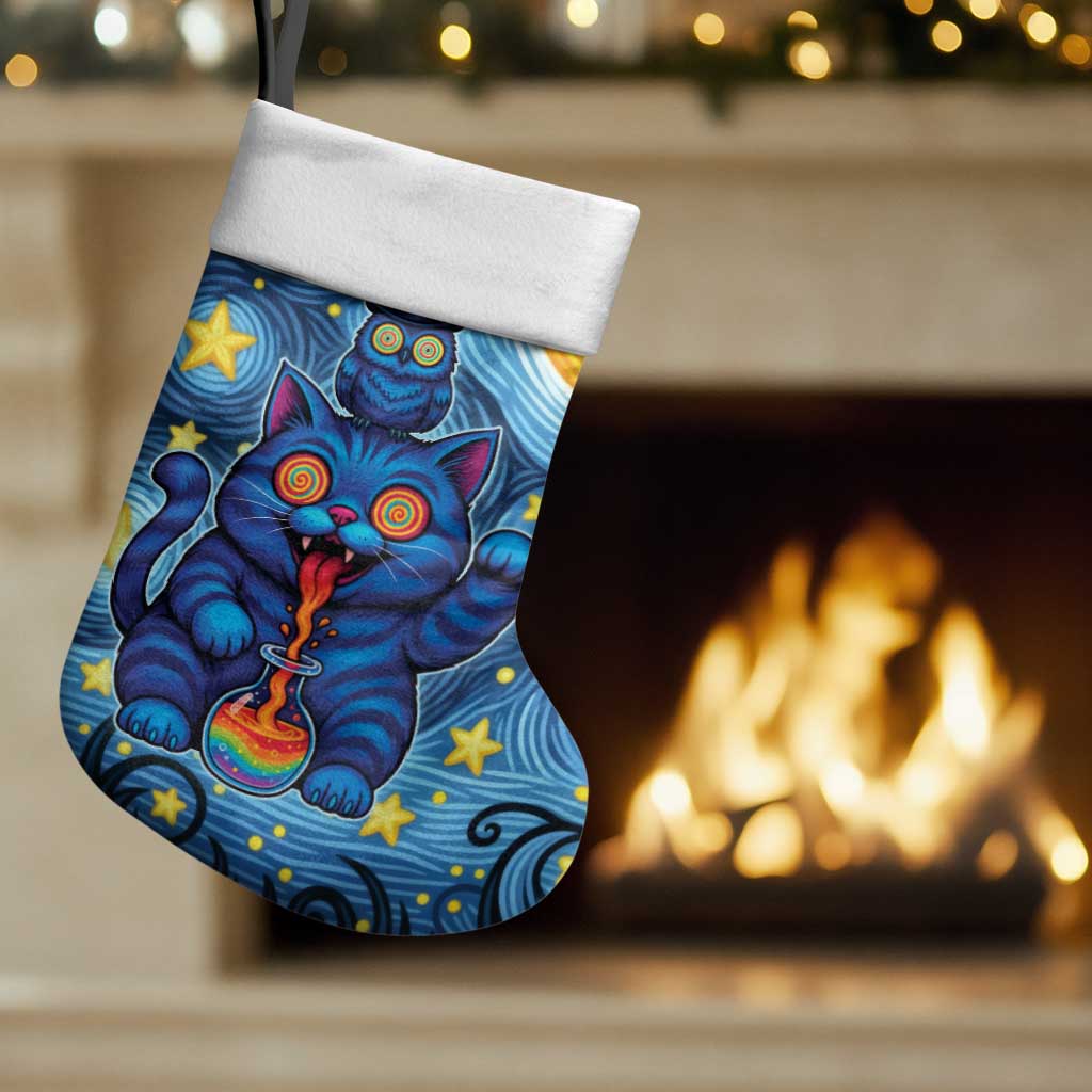 Trippy Cat and Owl Christmas Stocking Starry Psychedelic Vibes - Wonder Print Shop