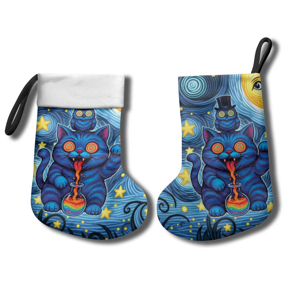 Trippy Cat and Owl Christmas Stocking Starry Psychedelic Vibes - Wonder Print Shop