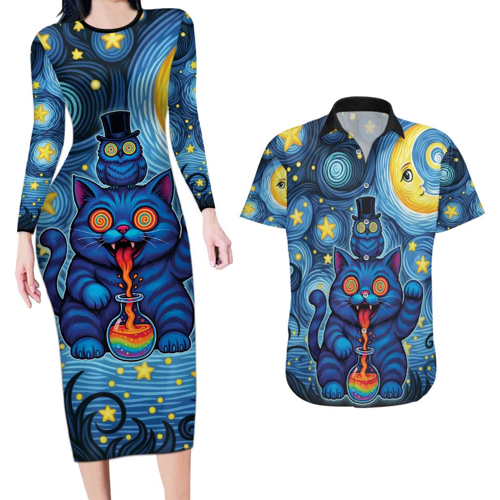 Trippy Cat and Owl Couples Matching Long Sleeve Bodycon Dress and Hawaiian Shirt Starry Psychedelic Vibes - Wonder Print Shop