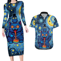Trippy Cat and Owl Couples Matching Long Sleeve Bodycon Dress and Hawaiian Shirt Starry Psychedelic Vibes - Wonder Print Shop