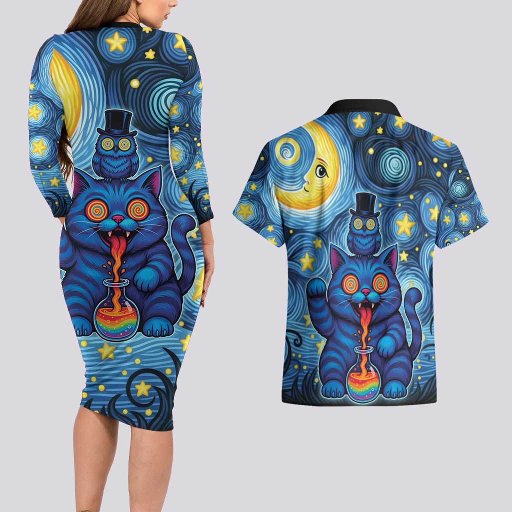 Trippy Cat and Owl Couples Matching Long Sleeve Bodycon Dress and Hawaiian Shirt Starry Psychedelic Vibes - Wonder Print Shop