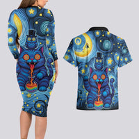 Trippy Cat and Owl Couples Matching Long Sleeve Bodycon Dress and Hawaiian Shirt Starry Psychedelic Vibes - Wonder Print Shop