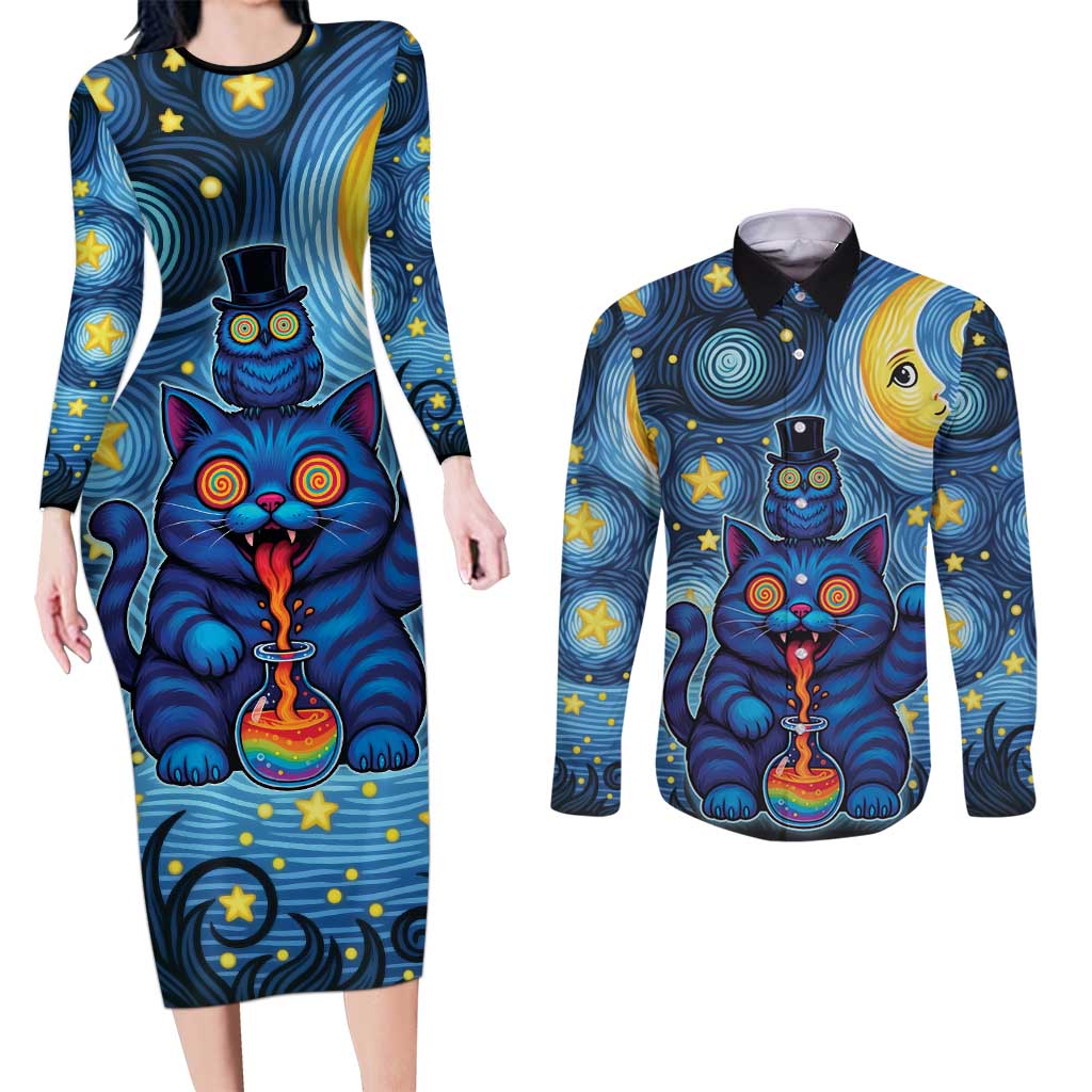Trippy Cat and Owl Couples Matching Long Sleeve Bodycon Dress and Long Sleeve Button Shirt Starry Psychedelic Vibes - Wonder Print Shop