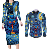 Trippy Cat and Owl Couples Matching Long Sleeve Bodycon Dress and Long Sleeve Button Shirt Starry Psychedelic Vibes - Wonder Print Shop