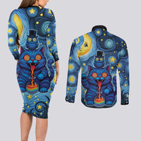 Trippy Cat and Owl Couples Matching Long Sleeve Bodycon Dress and Long Sleeve Button Shirt Starry Psychedelic Vibes - Wonder Print Shop
