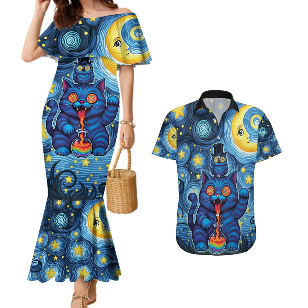 Trippy Cat and Owl Couples Matching Mermaid Dress and Hawaiian Shirt Starry Psychedelic Vibes - Wonder Print Shop