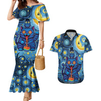 Trippy Cat and Owl Couples Matching Mermaid Dress and Hawaiian Shirt Starry Psychedelic Vibes - Wonder Print Shop