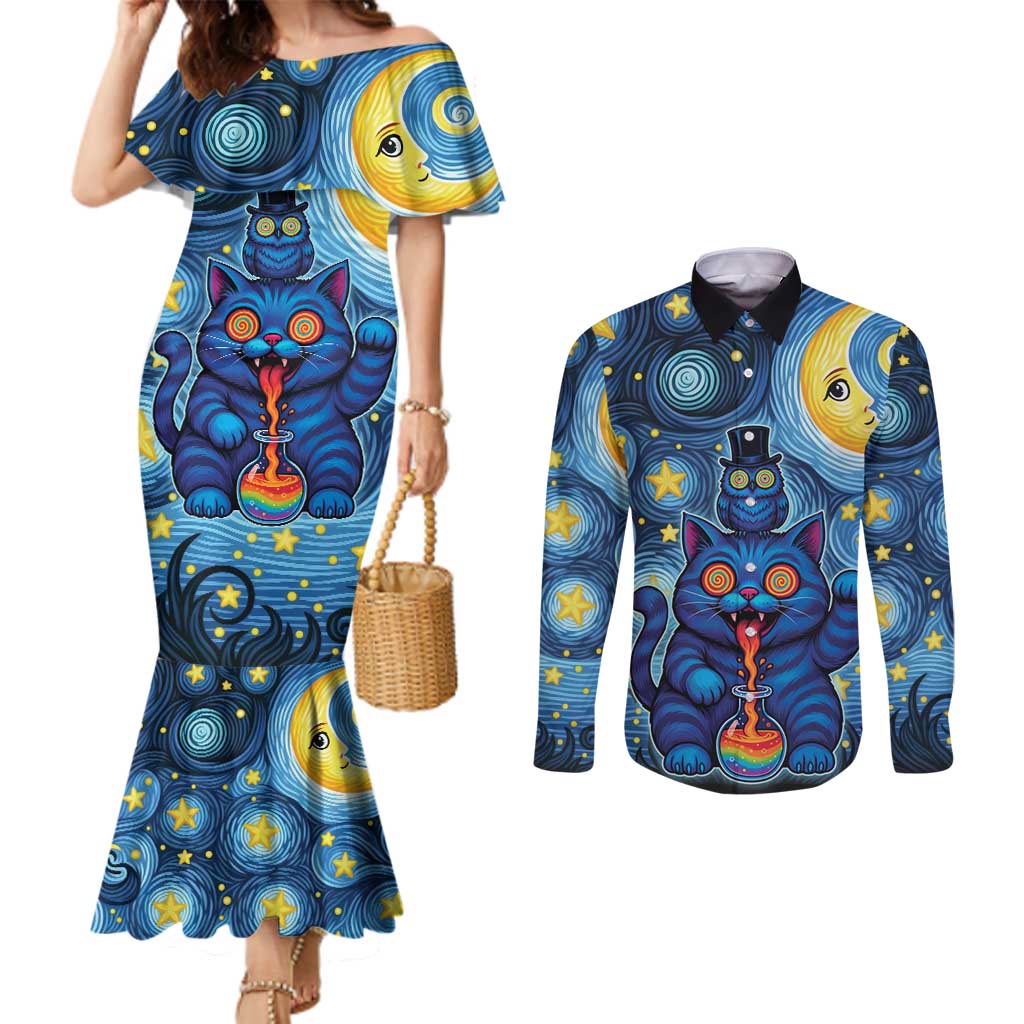 Trippy Cat and Owl Couples Matching Mermaid Dress and Long Sleeve Button Shirt Starry Psychedelic Vibes - Wonder Print Shop