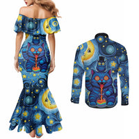 Trippy Cat and Owl Couples Matching Mermaid Dress and Long Sleeve Button Shirt Starry Psychedelic Vibes - Wonder Print Shop