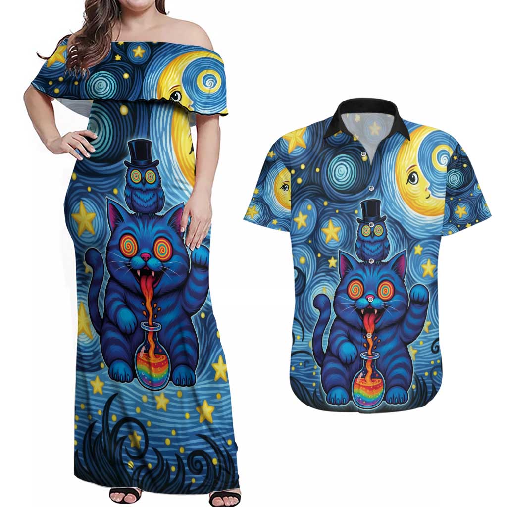 Trippy Cat and Owl Couples Matching Off Shoulder Maxi Dress and Hawaiian Shirt Starry Psychedelic Vibes - Wonder Print Shop