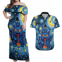 Trippy Cat and Owl Couples Matching Off Shoulder Maxi Dress and Hawaiian Shirt Starry Psychedelic Vibes - Wonder Print Shop