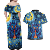 Trippy Cat and Owl Couples Matching Off Shoulder Maxi Dress and Hawaiian Shirt Starry Psychedelic Vibes - Wonder Print Shop